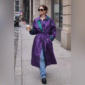J. Gallery Purple and Teal long double breasted trench coat vintage 80’s size 12
